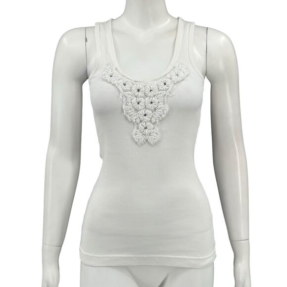 Tory Burch Tops - Tory Burch Top Womens Small White Ribbed Tank Embellished Beaded Boho Festival